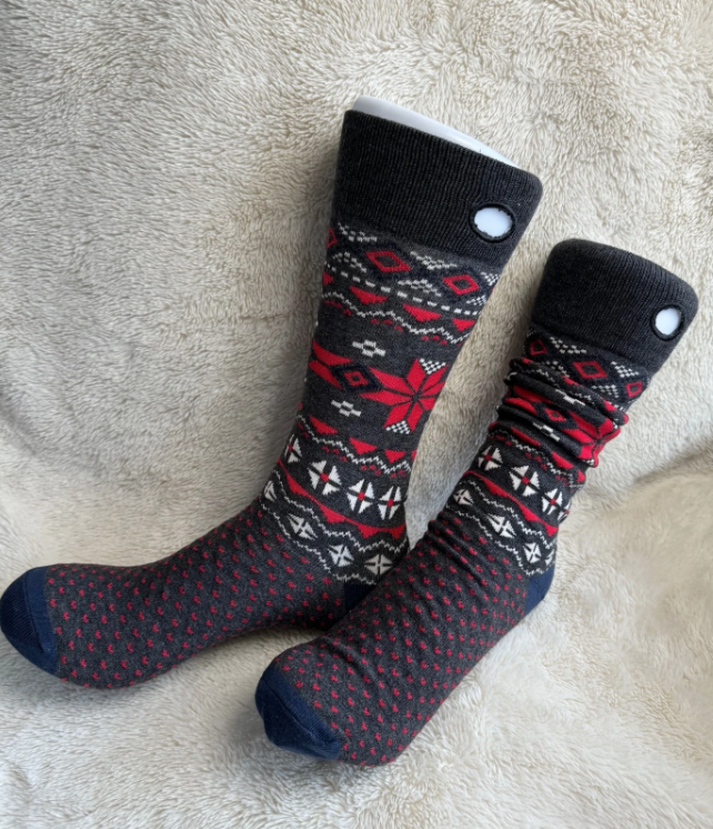 Navy and red socks with an argyle design